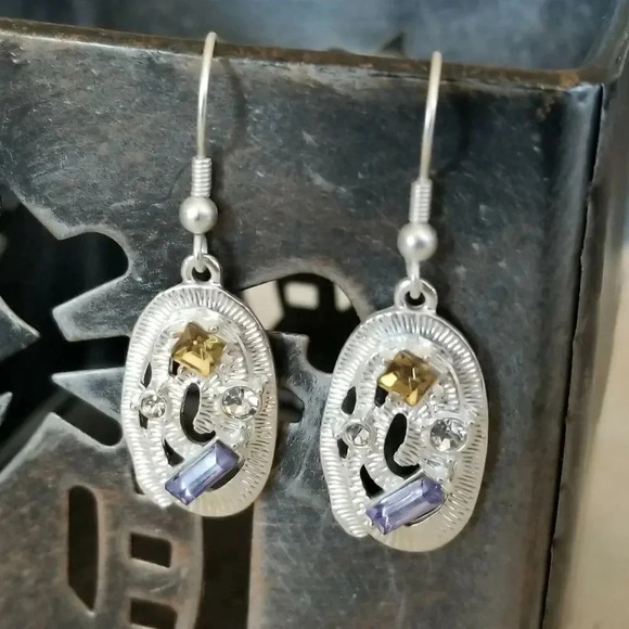 Art Nouveau Sterling Silver Plated Oval Topaz Blue Clear Crystal Dangle Earrings - Picture 3 of 5